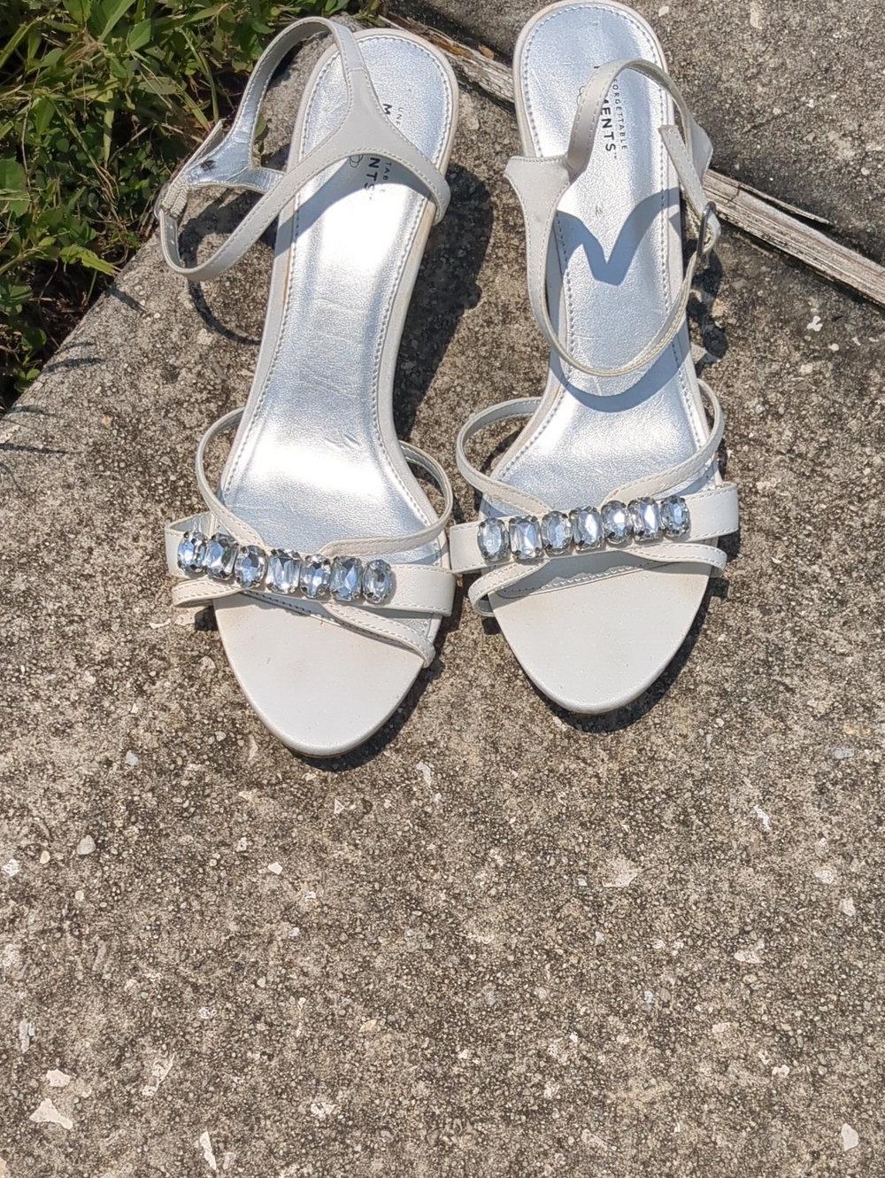 Crystal-Embellished White Dress Heels with Ankle Strap